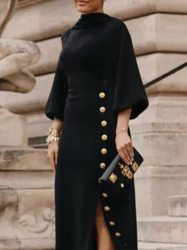 Slit Maxi Gold Button Black Long Dress
