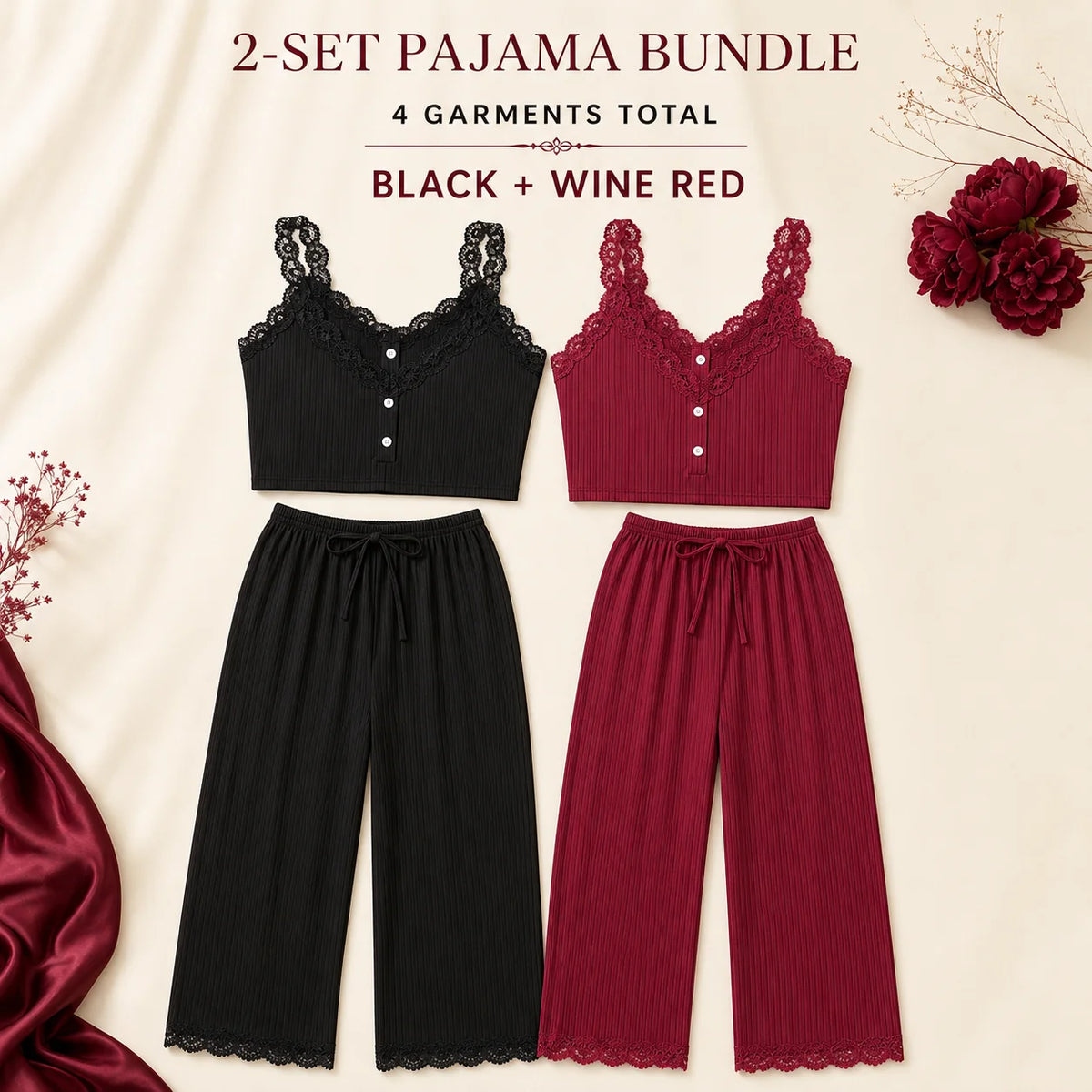 Lace Trim Camisole Tops and Ankle-Length Pants Polyester Elastane Sleepwear Set