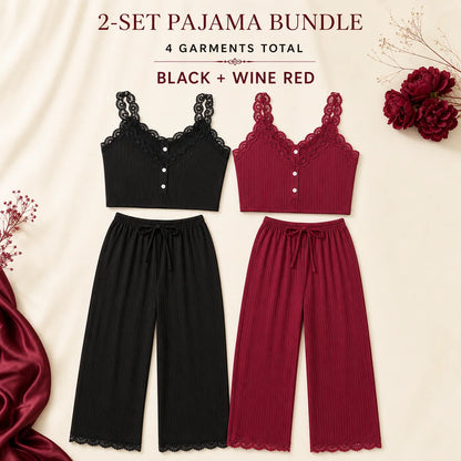Lace Trim Camisole Tops and Ankle-Length Pants Polyester Elastane Sleepwear Set