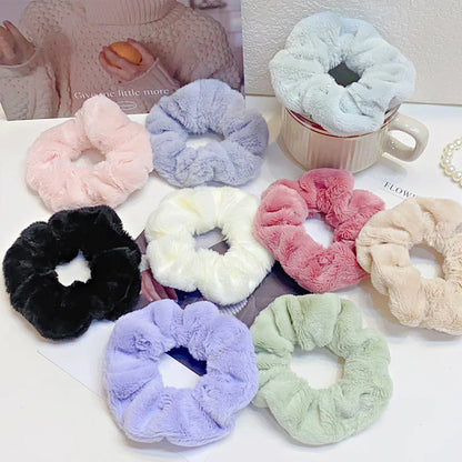 Solid Soft Plush Wide Hair Band Ponytail Holder Hair Tie Fluffy Rubber Band
