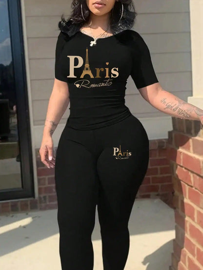 New Paris Printed Two-Piece Casual Short-Sleeved Round Neck T-Shirt Set