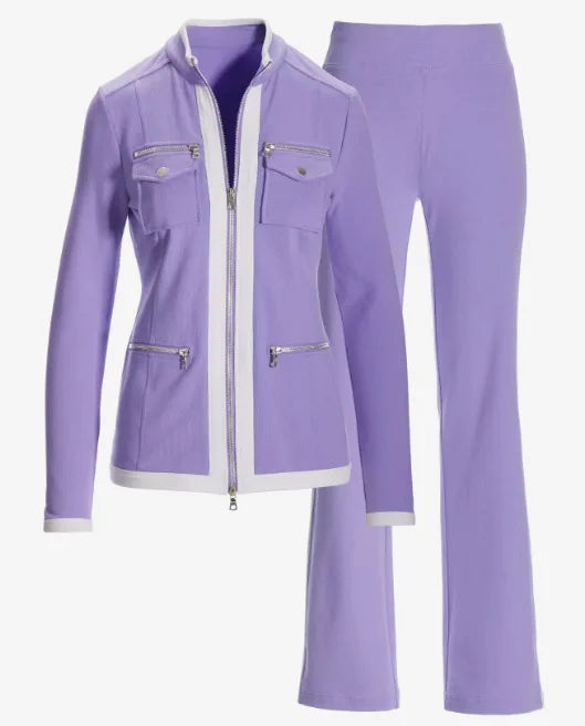 Conjunto elegante, ajustado y sencillo de pantalón deportivo recto con cremallera y top.