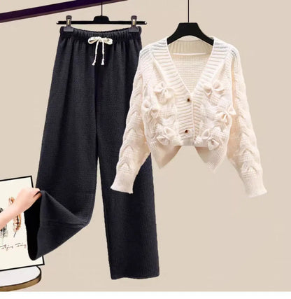 Korean Sweet Bow Outfit Long Sleeve Cardigan Knitwear Wide Leg Pants Set