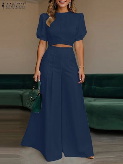 Conjunto de pantalón y pantalón de pierna ancha con manga corta abullonada