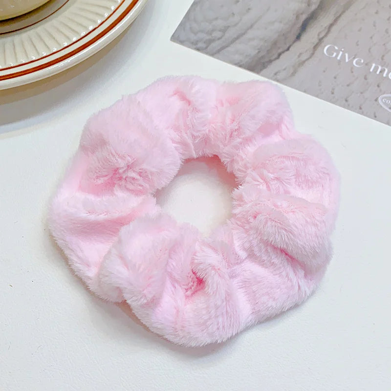 Solid Soft Plush Wide Hair Band Ponytail Holder Hair Tie Fluffy Rubber Band