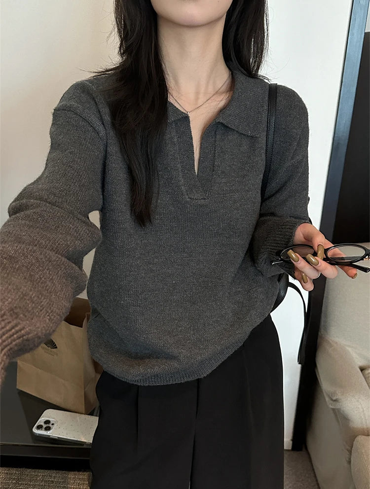 Knitted Long Sleeve Turn Down Collar Knit Sweater Pullover