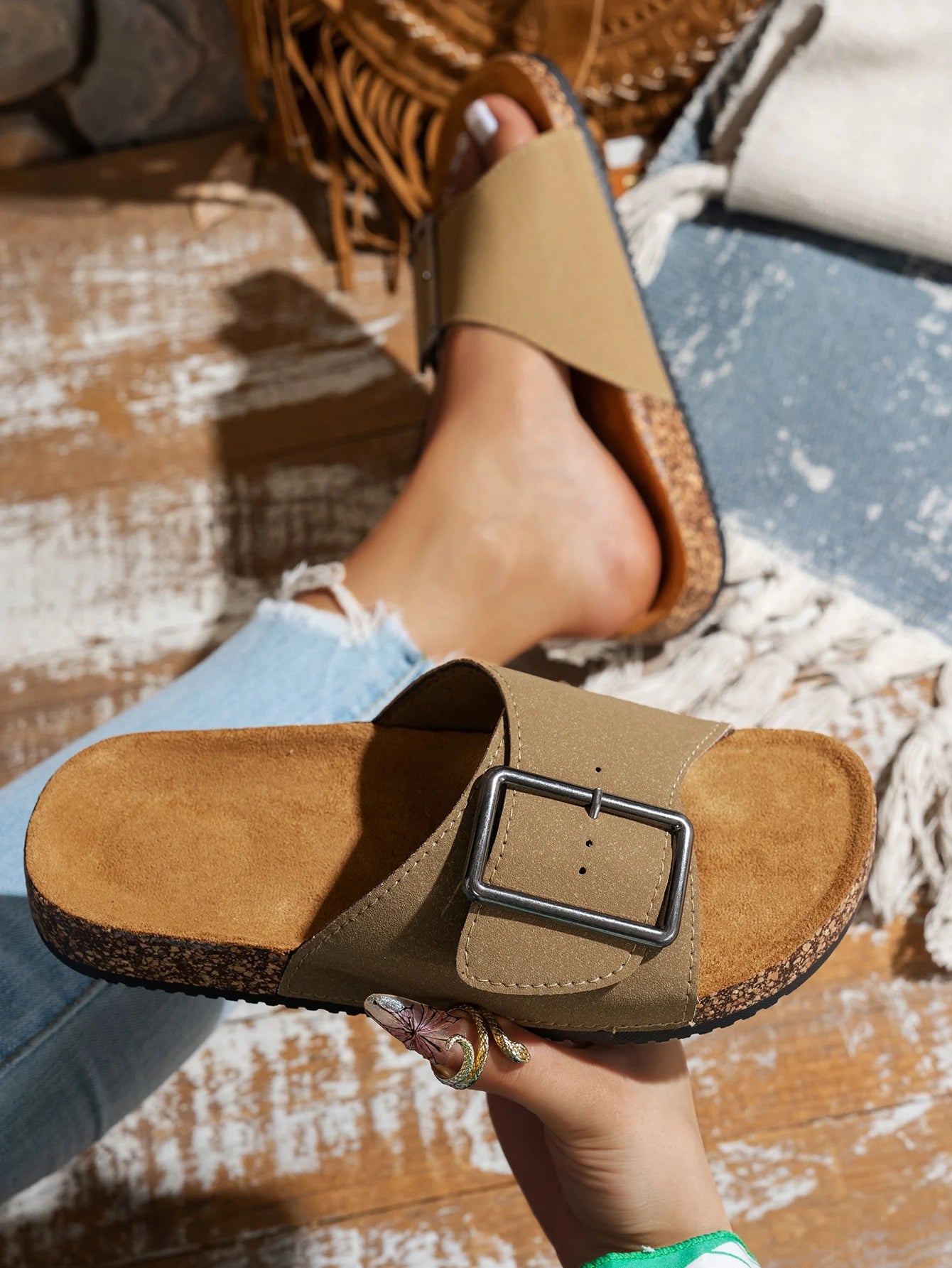 Buckle Pu Upper Double-Strap Beach Flat Slip Slippers