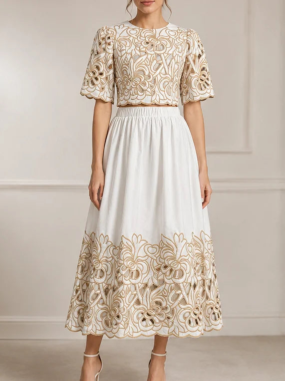 Elegant Hollow Out Color Contrast Women Two Piece Set