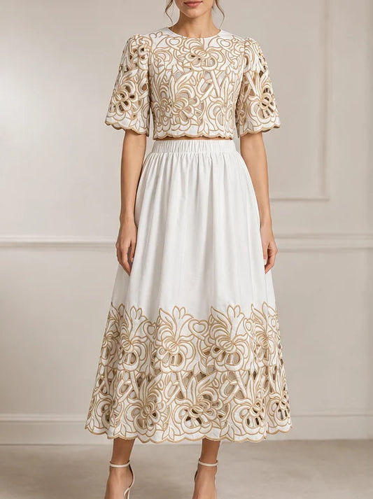 Elegant Hollow Out Color Contrast Women Two Piece Set
