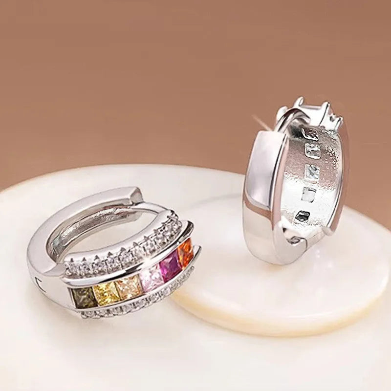 925 Sterling Silver Colorful/White Princess CZ Hoop Earrings