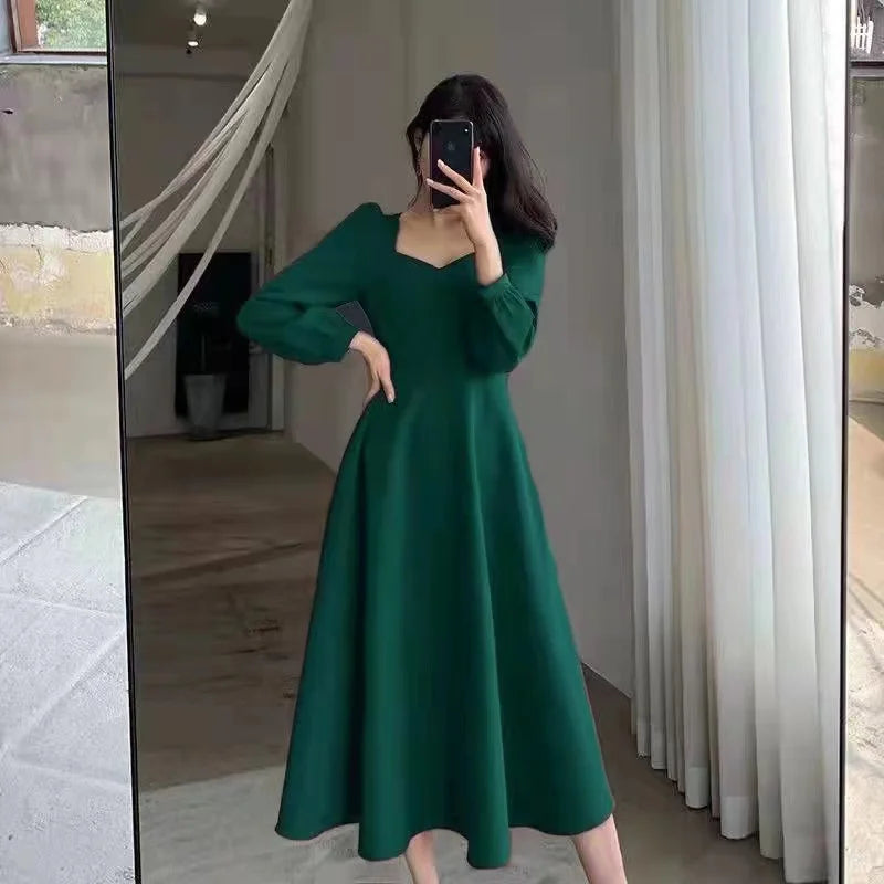 Long Puff Sleeve Solid Elegant Dress