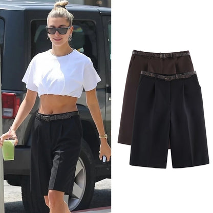 Long Style Casual Shorts Vintage High Waist With Belt Shorts