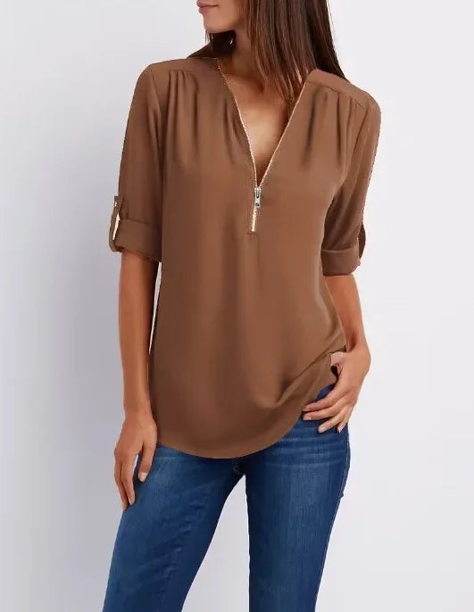 Loose Shirt Deep V Neck Chiffon Blouse