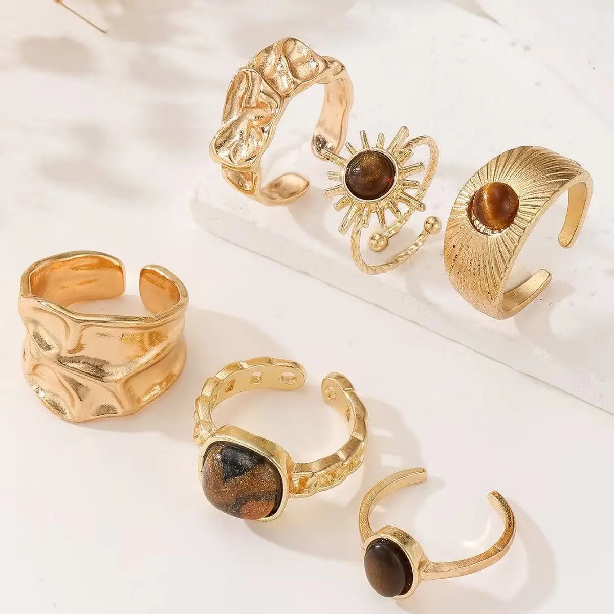 6pcs Sunflower Tiger Eye Stone Ring Set