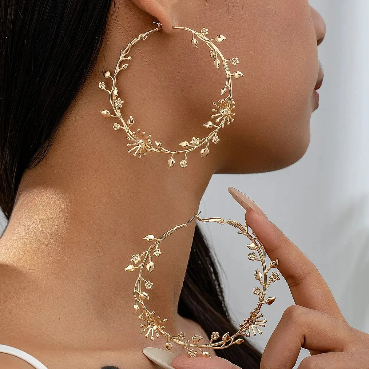 Exaggerated Leaf Flower Hoop Earrings