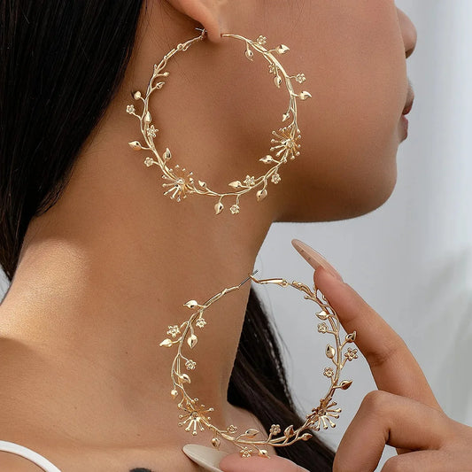 Exaggerated Leaf Flower Hoop Earrings