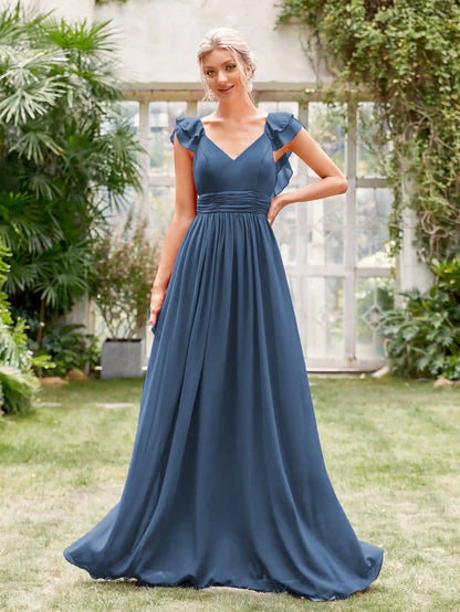 Mgiacy V-neck cap sleeve ruffle lace Extra long evening gown Ball dress