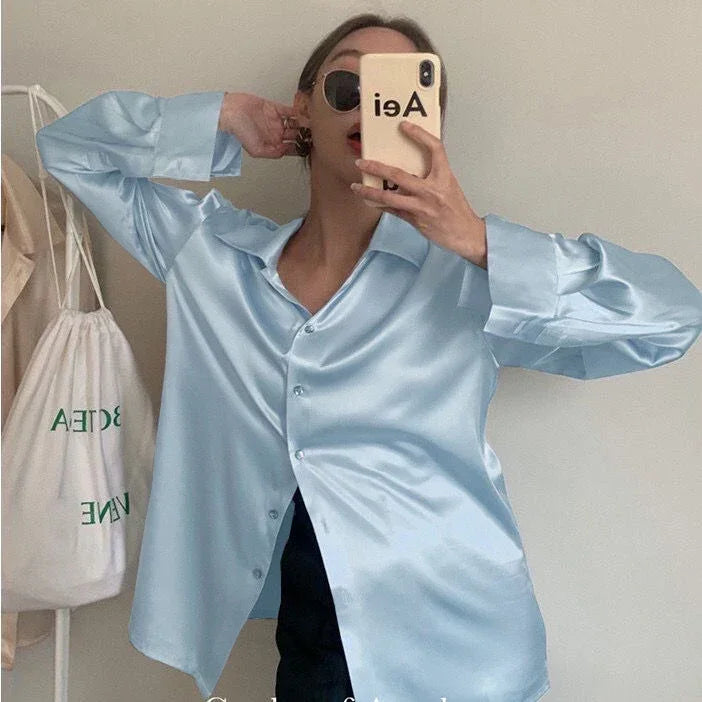 Casual Elegant Satin Long Sleeved Shirt