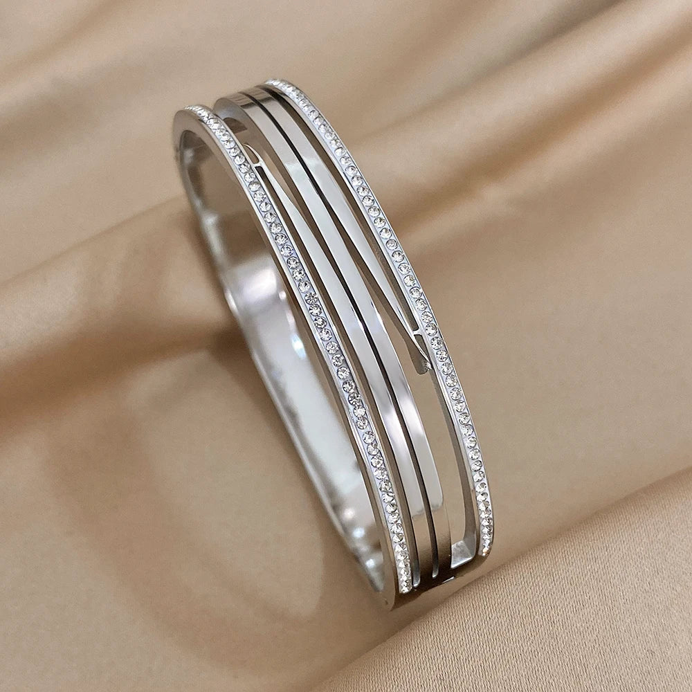 Multiple Vintage Inlaid Rhinestone Zircon Stainless Steel Wide Bangles Bracelets