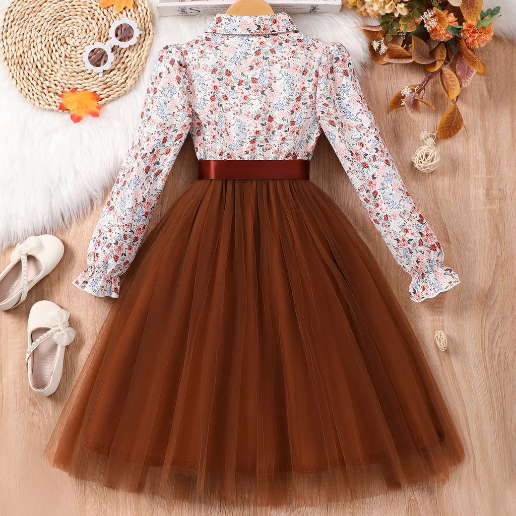 Black Long Sleeve Floral Gauze Belt Casual Elegant Teen Princess Dress