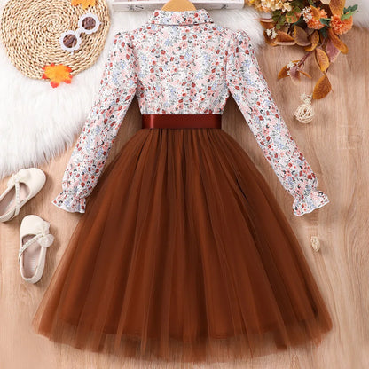 Black Long Sleeve Floral Gauze Belt Casual Elegant Teen Princess Dress