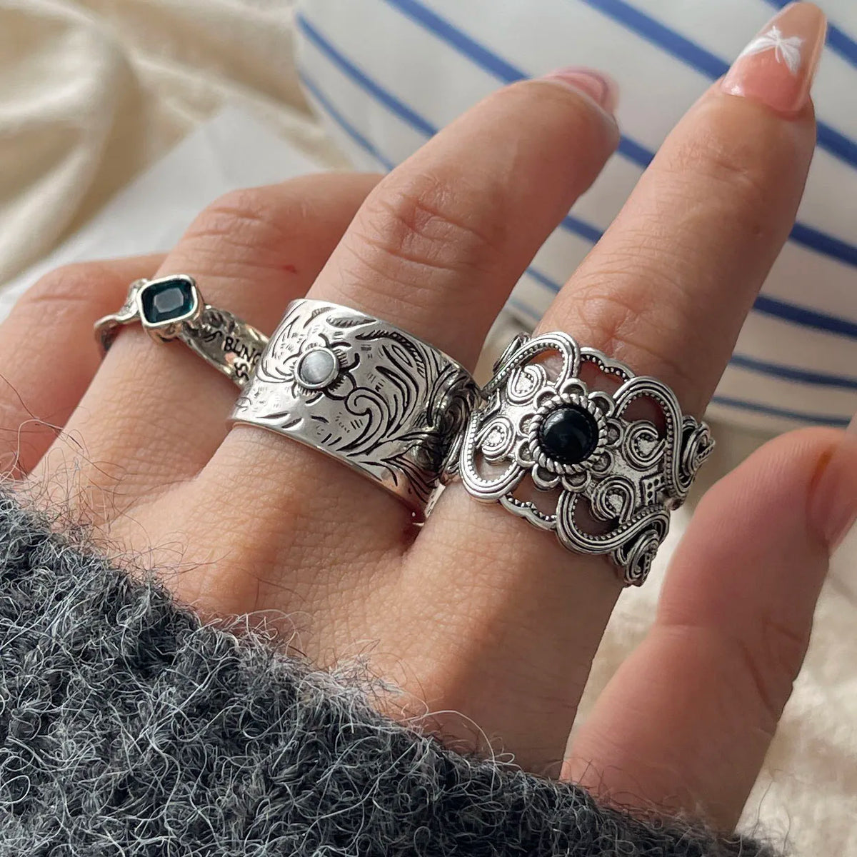 925 Sterling Silver Geometric Adjustable Wide Black Stone Retro Ring
