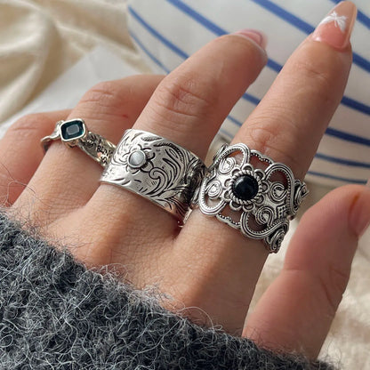 925 Sterling Silver Geometric Adjustable Wide Black Stone Retro Ring