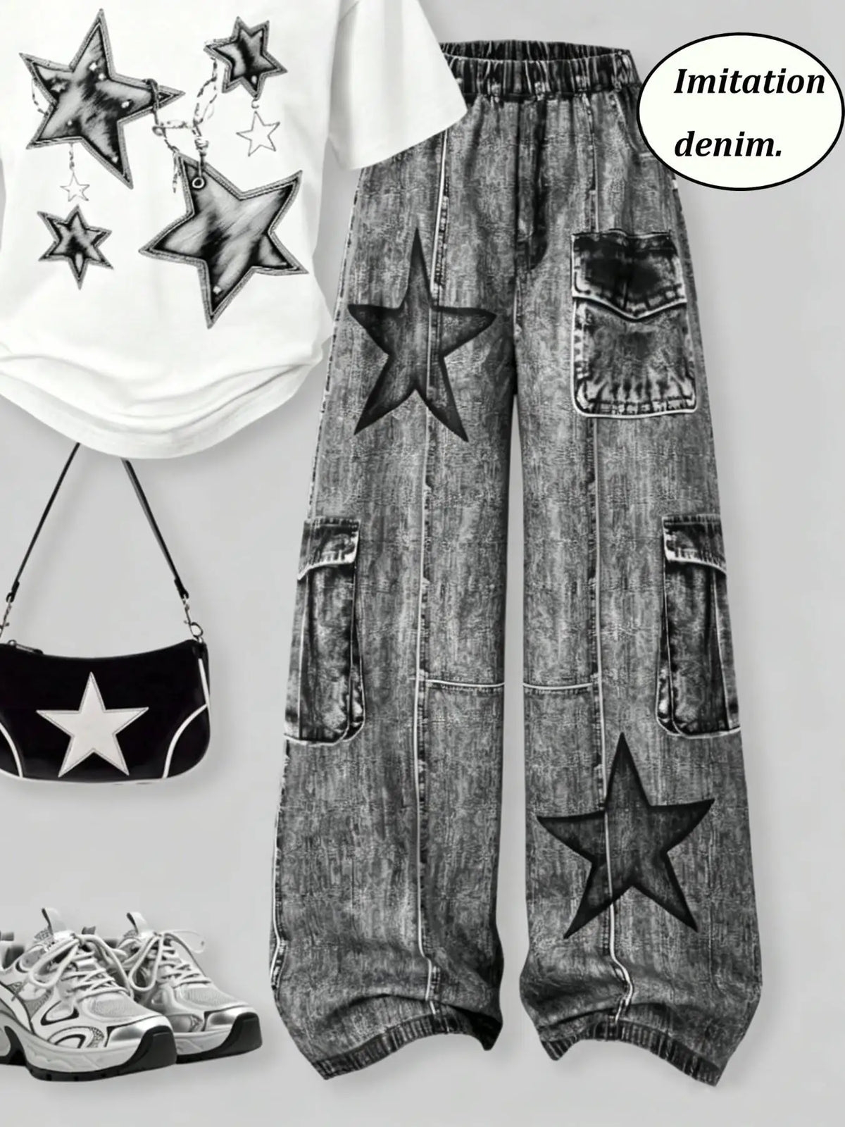 Casual Star-Printed T-Shirt + Faux Denim Cargo Pants Two-Piece Set i