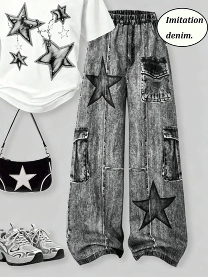 Casual Star-Printed T-Shirt + Faux Denim Cargo Pants Two-Piece Set i