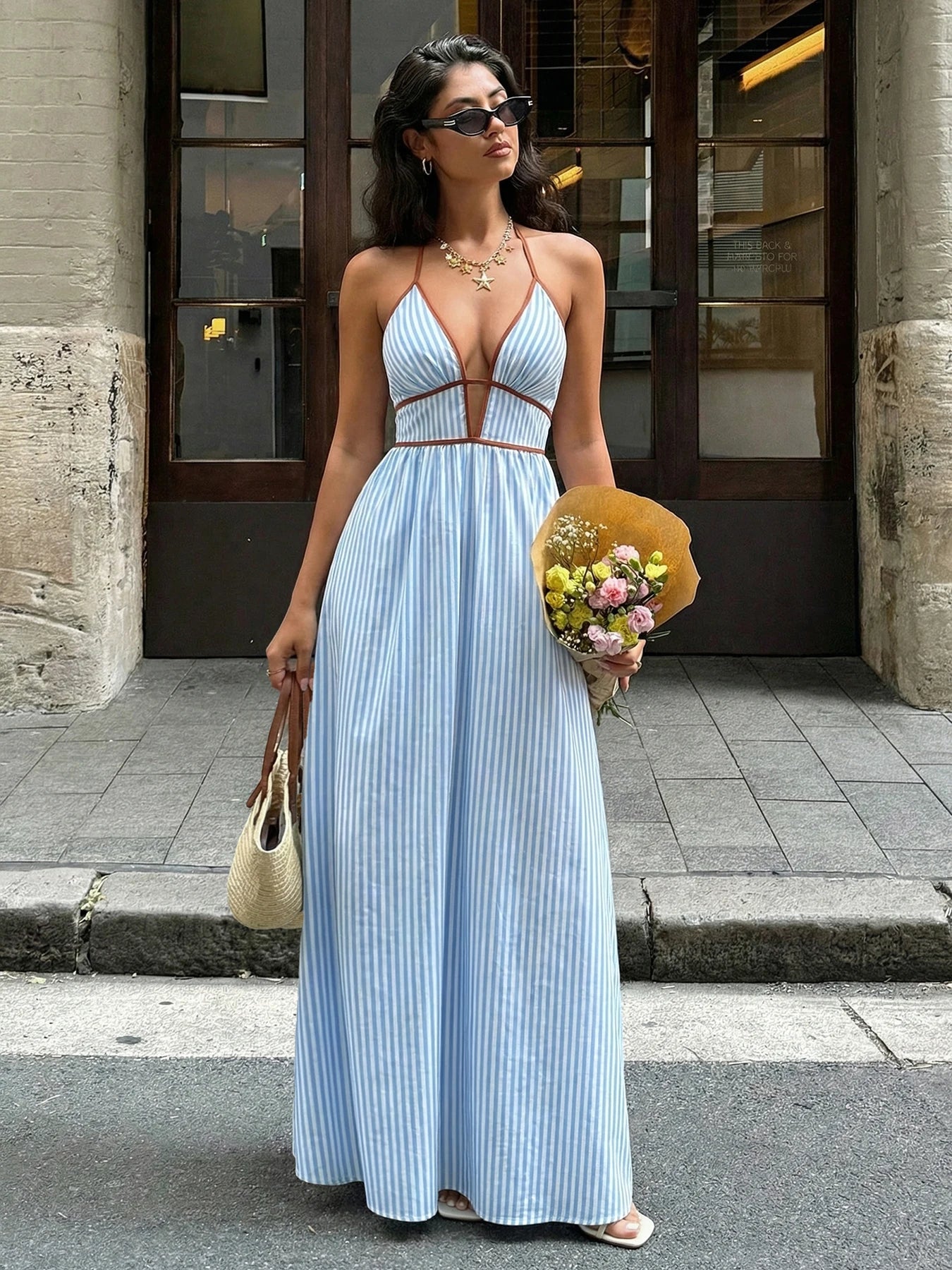 Deep V-neck Striped Sexy Backless Sleeveless Neckline Long Dress