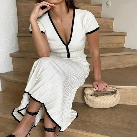 Long Skirt Suit Short Sleeve V-neck elegant dress set