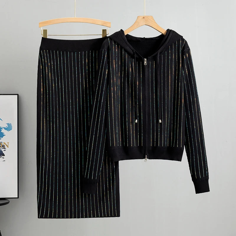 Knitted Cardigan High Waisted Buttocks Wrapped  Skirt Diamond Sets