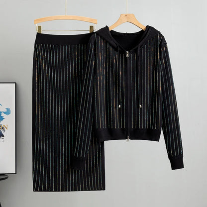 Knitted Cardigan High Waisted Buttocks Wrapped  Skirt Diamond Sets