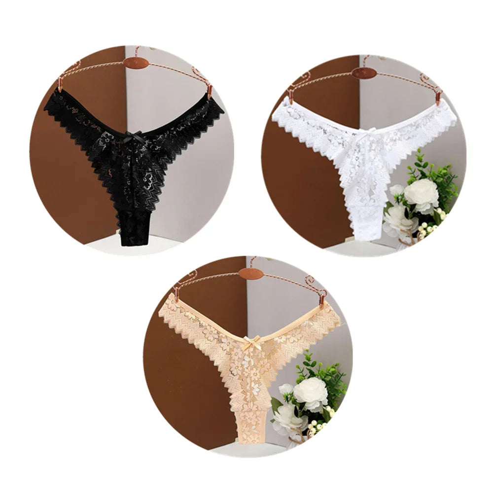 3PC Sexy T Back Thong Mid Waist Lace Transparent Underwear
