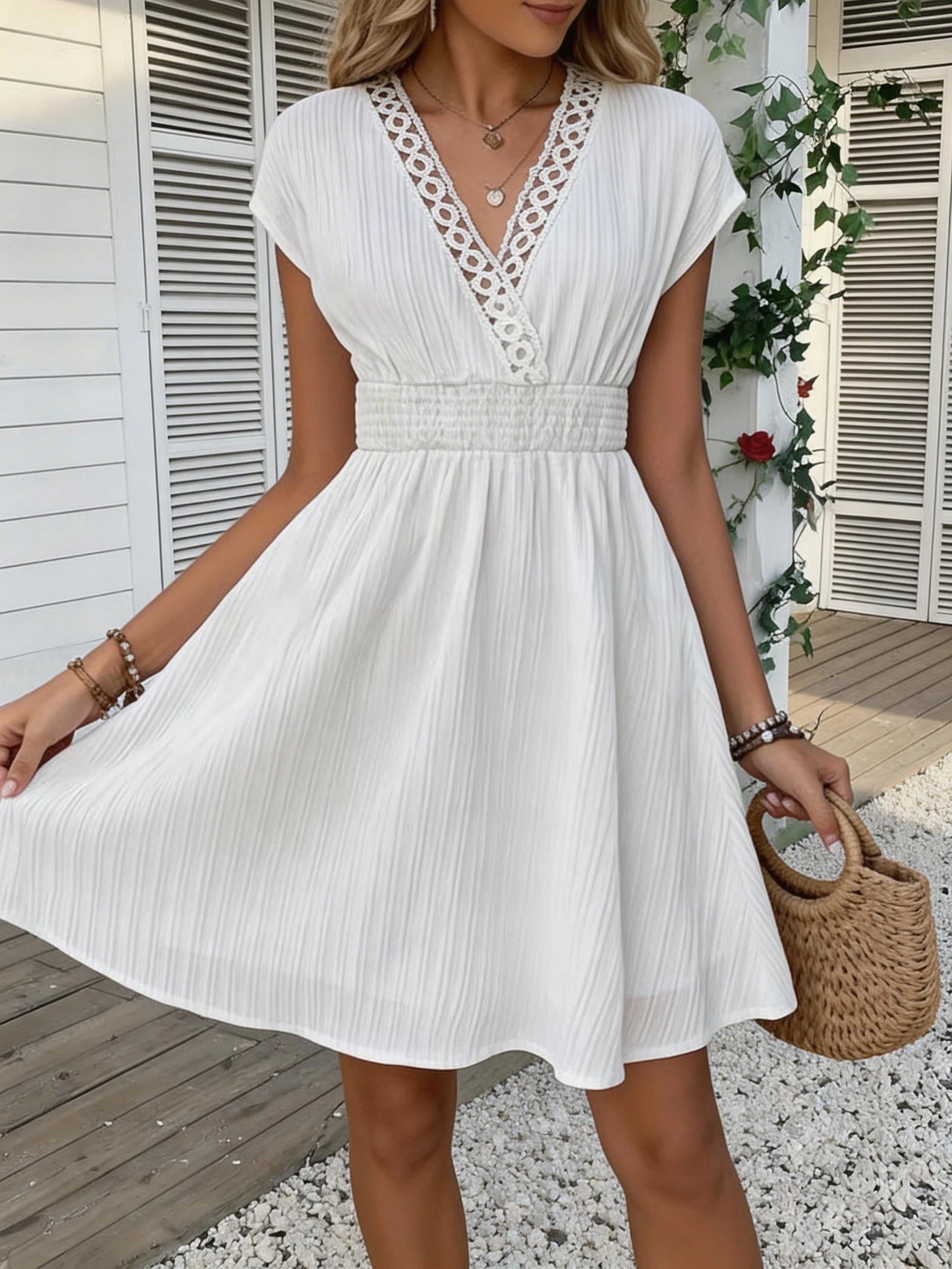French Lace V-neck Fitted Short Puff Sleeves Dress