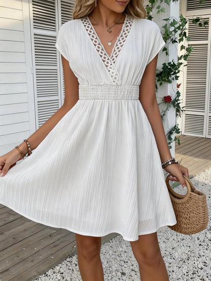 French Lace V-neck Fitted Short Puff Sleeves Dress