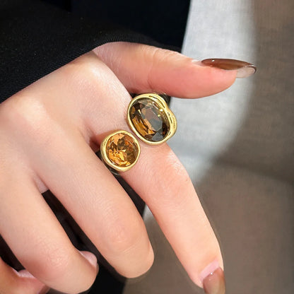 Vintage Brown Crystal Elliptical Luxury Rhinestone Contrasting Geometric Ring