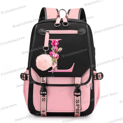 Black Pink Backpacks 26 Initials Flower A-Z Alphabet Large Capacity Students Bookbag