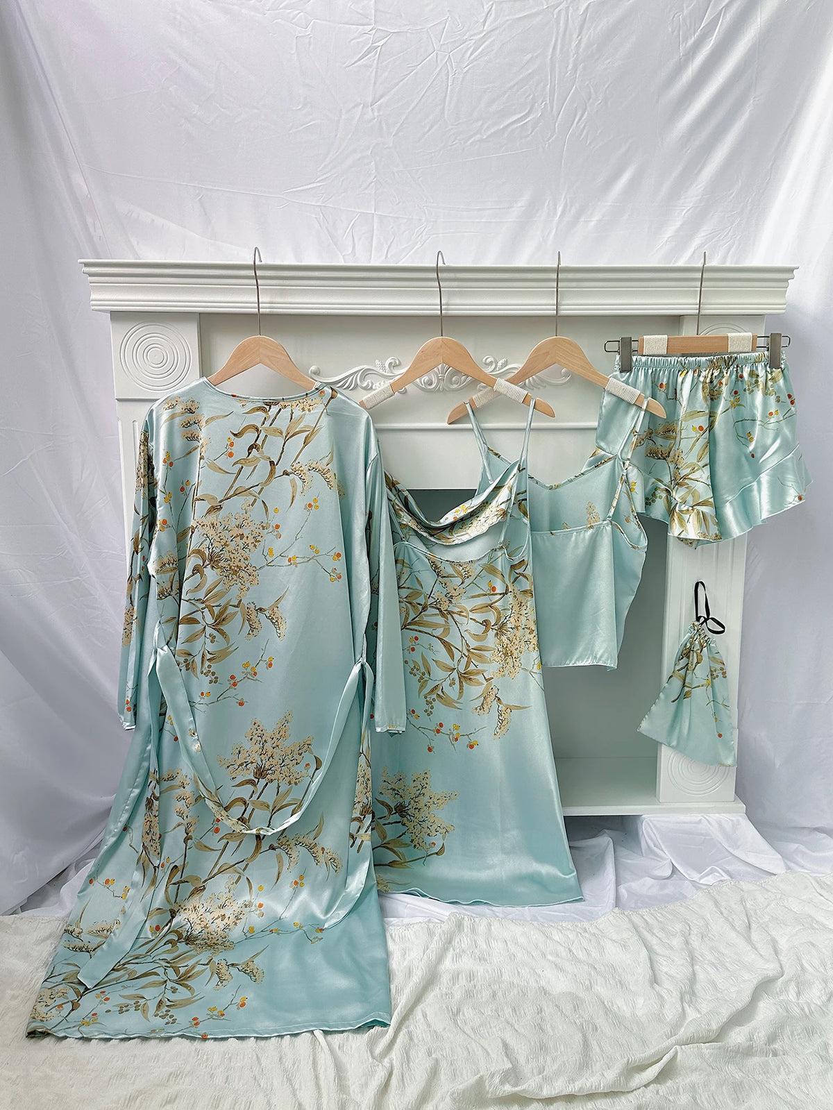 5pcs Floral Print Long Sleeve Robe Cami Dress Pajamas Sets