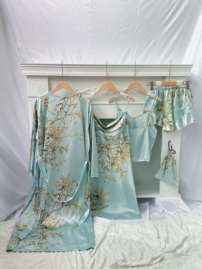 5pcs Floral Print Long Sleeve Robe Cami Dress Pajamas Sets