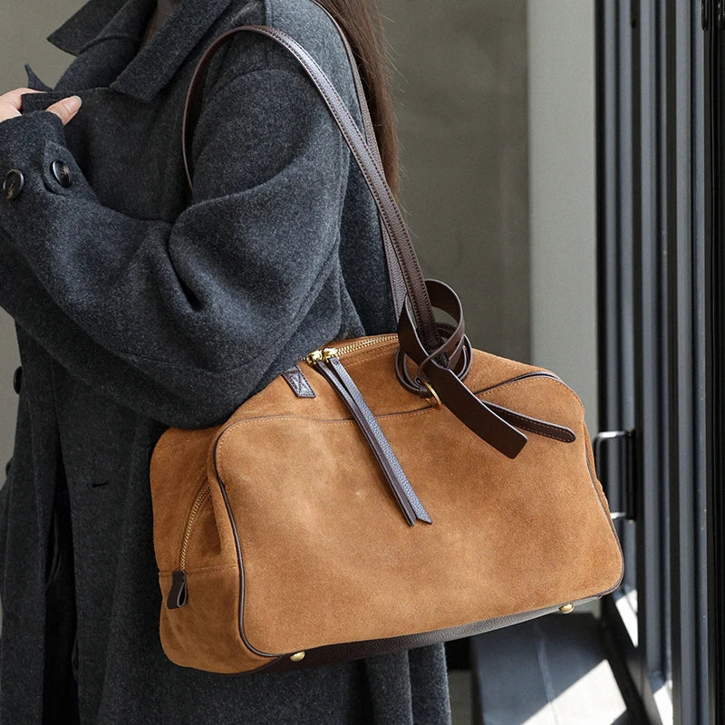Autumn Winter Cow Genuine Leather Tote Suede Large Capacity Velvet Bags