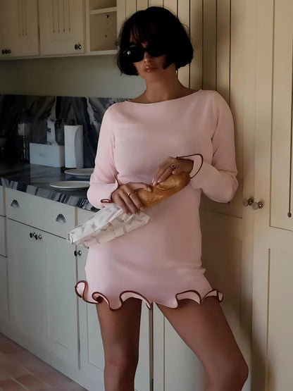 O-Neck Long Sleeves Ruffles Mini Dress