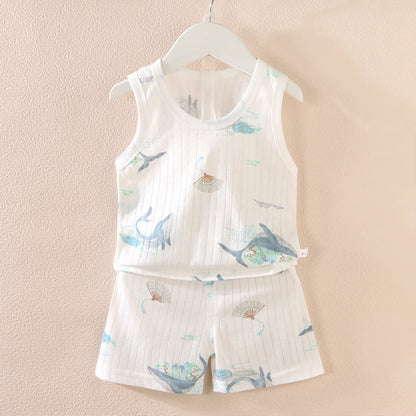 Cartoon Thin Style Sleeveless Baby Pajamas Set