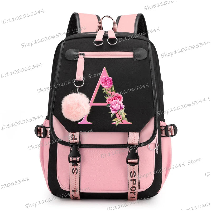 Black Pink Backpacks 26 Initials Flower A-Z Alphabet Large Capacity Students Bookbag