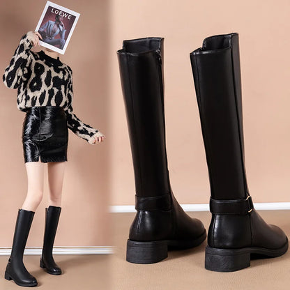 Leather Knee Metal Buckle Boots