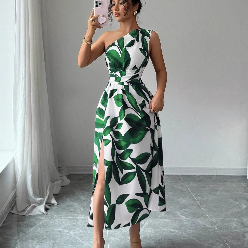 Cross-Border Floral Print Asymmetrical Shoulder Split Long Dress