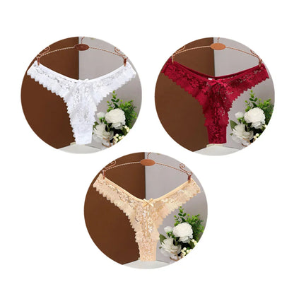 3PC Sexy T Back Thong Mid Waist Lace Transparent Underwear