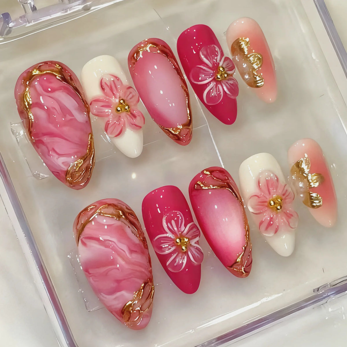 24Pcs Gilded 3D Flower Press on Nails Black French Leopard Print False Nails
