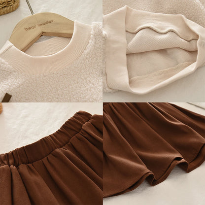 College Style Bow Long Sleeve Plush Top + Short Skirt Sets