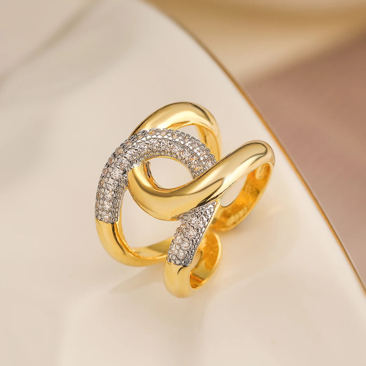 Gold/Silver Geometric Shiny AAA CZ Inlay Copper Rings